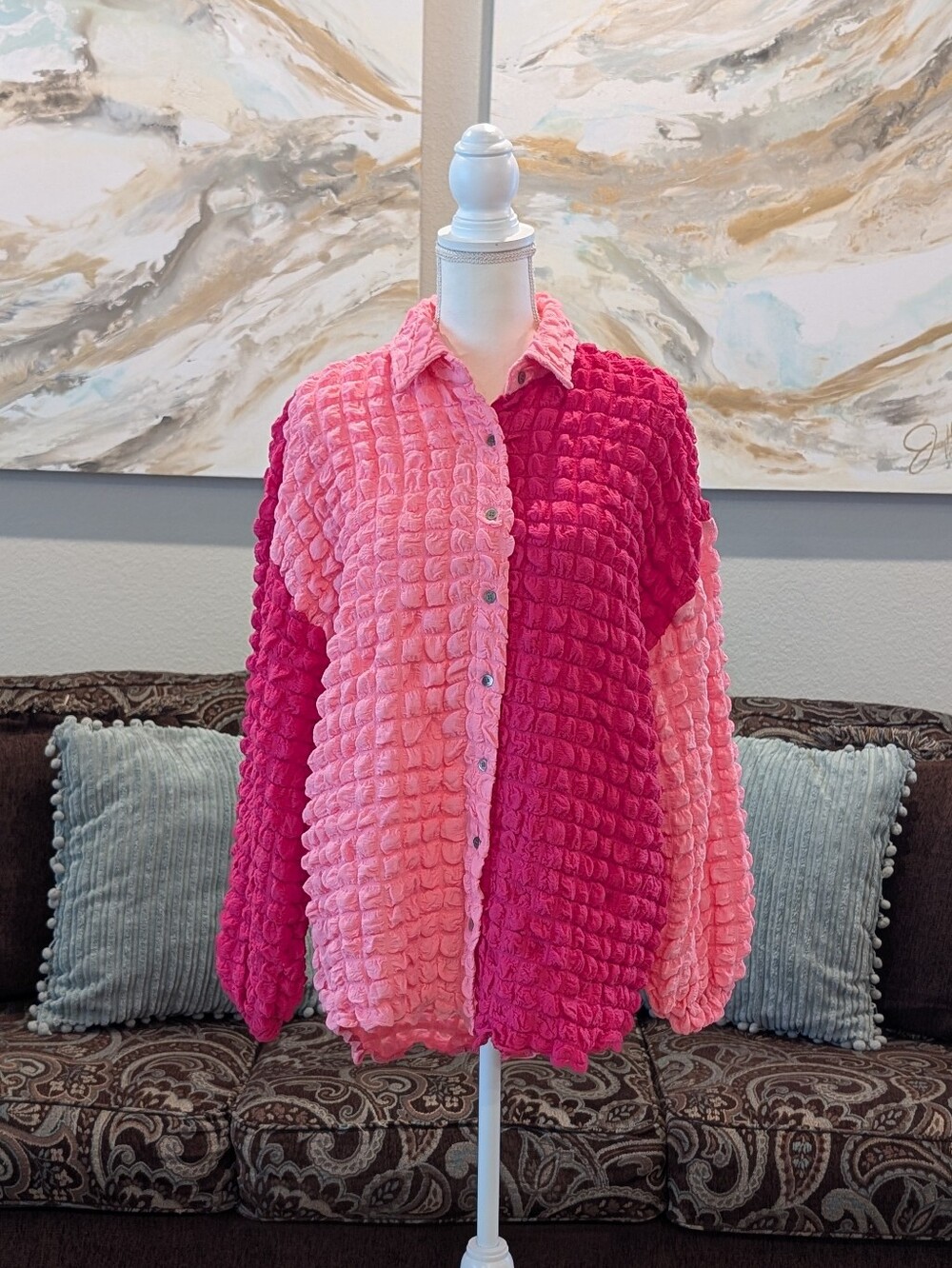 Oversized Two-Tone Pink Textured Button-Up Shirt